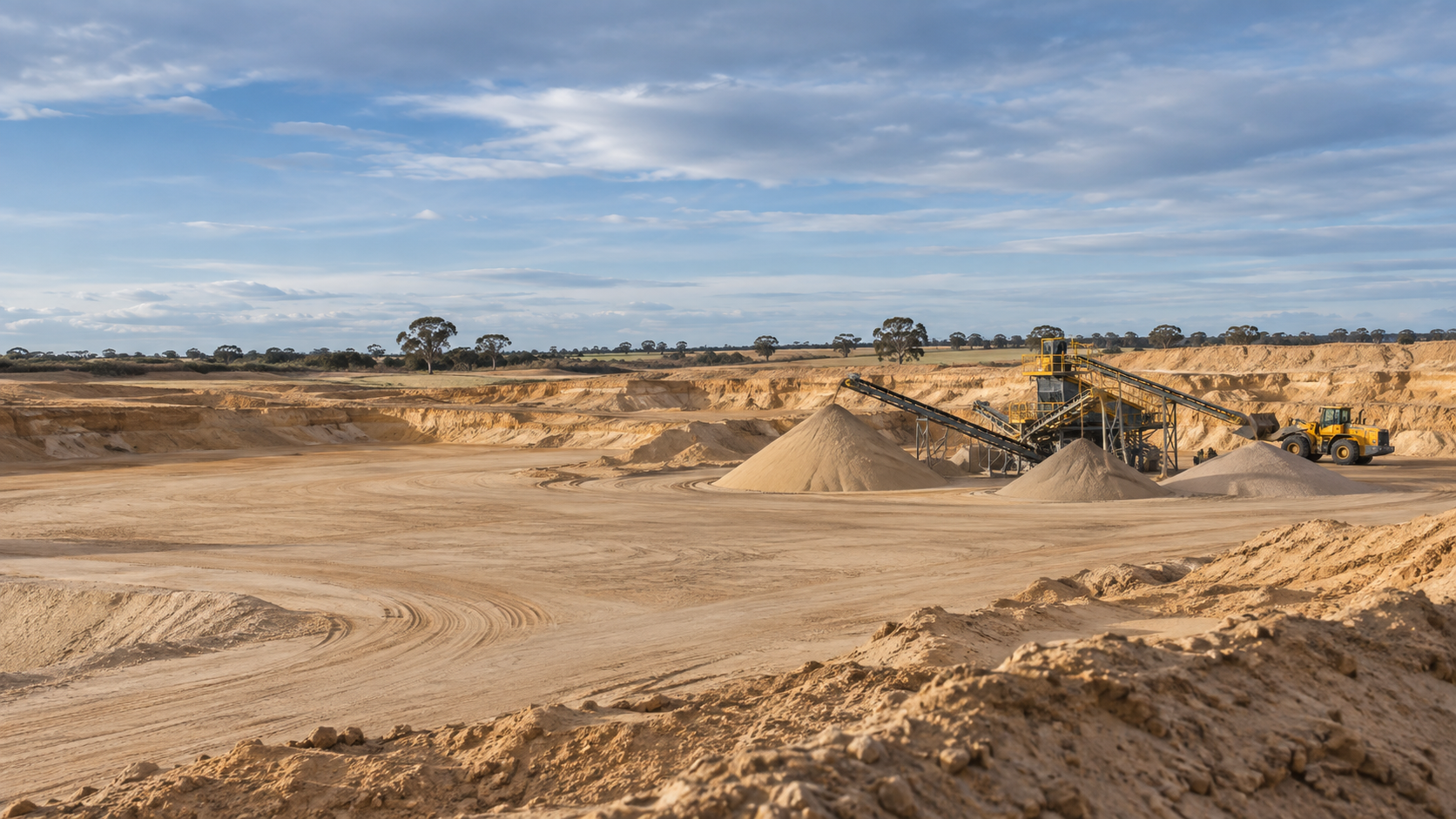 Illustrative future sand quarry with sand stockpiles, a conveyor and a wheel loader in a rural Australian landscape.